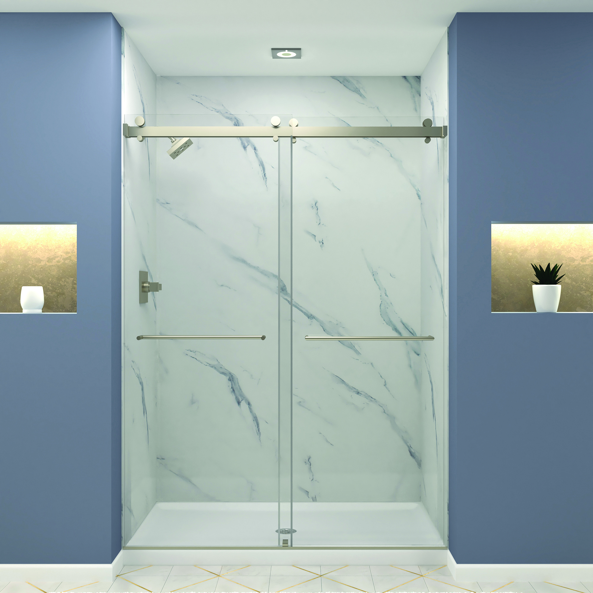 Warm Carrara stone-composite shower with bypass door